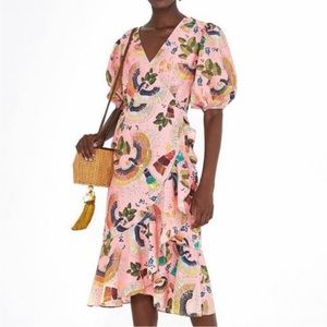 Farm Rio Tropical Birds Ruffle Pink Dress
